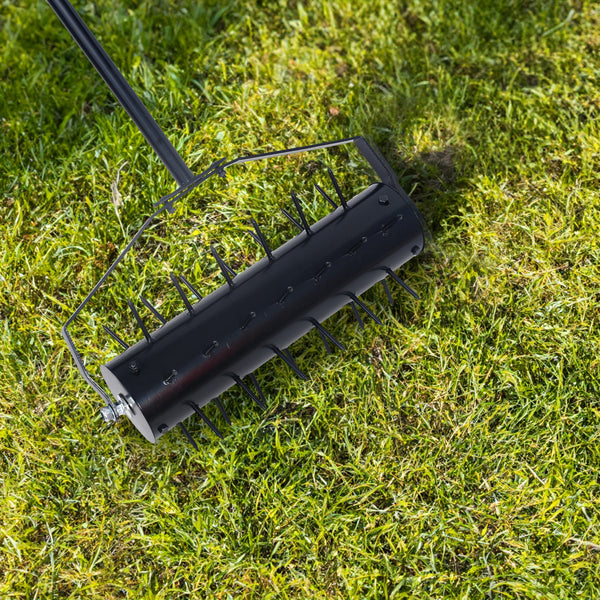 Manual Rolling Lawn Aerator Tool with 58 Inch Handle Pusher