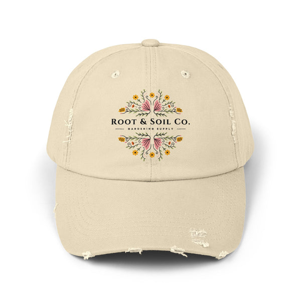 Distressed Floral Logo Cap — "Root & Soil Co." Embroidered Garden Hat