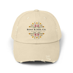 Distressed Floral Logo Cap — "Root & Soil Co." Embroidered Garden Hat