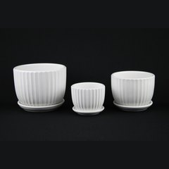 White Ceramic Planter Pot Set Fluted Design with Matching Saucers