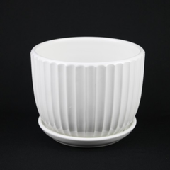 White Ceramic Planter Pot Set Fluted Design with Matching Saucers