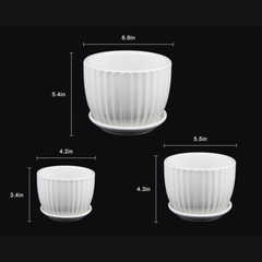 White Ceramic Planter Pot Set Fluted Design with Matching Saucers