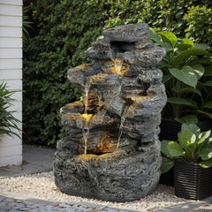 Concrete Rock Waterfall Fountain with LED Lights Outdoor Garden Decor