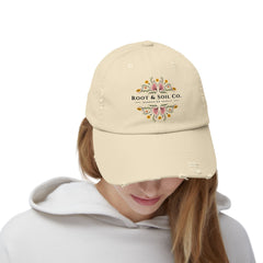 Distressed Floral Logo Cap — "Root & Soil Co." Embroidered Garden Hat