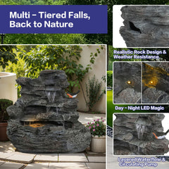 Concrete Rock Waterfall Fountain with LED Lights Outdoor Garden Decor