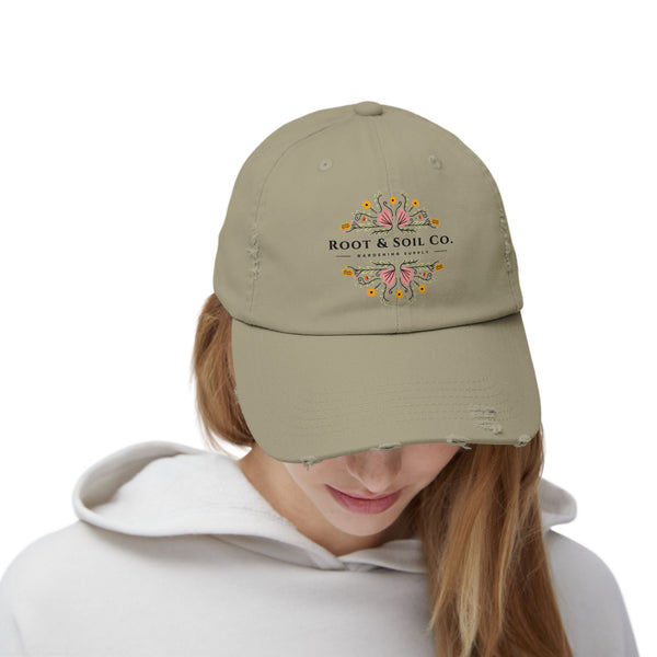 Distressed Floral Logo Cap — "Root & Soil Co." Embroidered Garden Hat