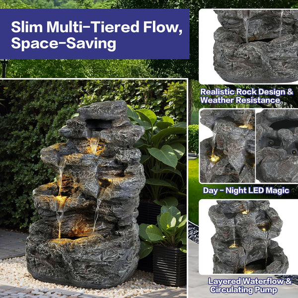 Concrete Rock Waterfall Fountain with LED Lights Outdoor Garden Decor