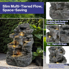 Concrete Rock Waterfall Fountain with LED Lights Outdoor Garden Decor